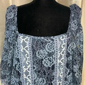 belldini NEW Women’s 2X Navy Combo Lacy Square Neckline Long Sleeve Blouse